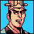 Pixelated 50x50 static icon of a character with light skin, dark hair, and sunglasses against a solid blue background, wearing a checkered shoulder pattern on the left side.