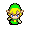 Pixelated character with green hat and tunic, yellow hair, blue eyes, red shoes in multiple poses against gray background.