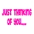 Pixelated pink text 'JUST THINKING OF YOU...' appears above three of stylized 'Angel' icons with pink and white gradients and black outlines, some with halos