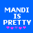 Blue background with white pixelated text "MANDI IS PRETTY" and five pink/purple asterisk symbols below.
