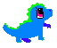 Four pixelated blue dinosaur icons with green spines and purple limbs on gray background, each showing different facial expressions and poses.
