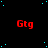 Red 'Gtg' text repeated across a black background with scattered cyan dots, one gray rectangle in the bottom-right corner.