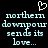 Pixelated text reads 'northern downpour sends its love...' with a heart symbol above, displayed in two identical side-by-side on a black background
