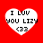 Four heart-shaped icons with text and emoticon on red background, each displaying 'I LUV YOU LIZY <33' in pixelated font.