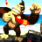Pixelated 48x48 static icon of a cartoon monkey character in mid-action pose with raised fists, wearing red overalls and white gloves against a blue sky background.