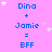 Pixelated text on pink background with white stars, showing 'Dina + Jamie = BFF' repeated in blue and light-blue letters.