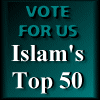 Two side-by-side teal display 'VOTE FOR US Islam's Top 50' text with 'VOTE' in white on the right and teal on the left