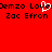 Red background with black pixelated text reading "Demzo Love" and "Zac Efron" in two , a white heart symbol replacing the 'o' in "Love"