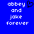 Blue background with white pixelated text reading 'abbey and joke forever' on both sides, one side featuring a black heart symbol.