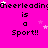 A bright pink background displays repeated text 'Cheerleading is a Sport!!' with scattered white and light pink stars.
