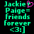 Two side-by-side pixelated text displays on black background, both reading "Jackie Paige= friends forever <3:]" with one version featuring a pink heart symbol replacing the plus sign.