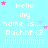 Pixelated light blue background with white text reading "Hello my name is.... Rachhh<3" and horizontal lines, surrounded by pink and light blue stars.