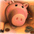 Pixelated image of a pink pig with brown ears and legs, standing against a warm-toned background with orange and brown hues.