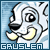 Pixelated cartoon animal face with light blue fur, black nose, yellow mouth curve, and large eyes in a of nine