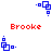 Blue pixelated square icons with small dots appear in four positions around red 'Brooke' text on a white background, showing slight variations between frames.