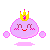 Pixelated pink cloud-like figure with yellow crown, red smile, and closed eyes; four variations show differing arm positions and base shapes.