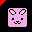 Pixelated pink bunny face with black eyes and ears, mouth changes from closed to open with tongue visible