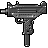 Pixelated grayscale image of a submachine gun with visible barrel, trigger guard, magazine well, and stock against solid gray background.