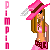 Pixel art contact sheet of a female character in pink and brown attire with feathered hat, displayed across six frames showing subtle animation changes.