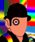 Pixelated character with black bowler hat, peach skin tone, and single large eye featuring red center surrounded by white and blue rings against rainbow gradient background.