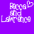 Pixelated white text on purple background reads 'Rexy and Lawrence' with a heart symbol above 'Rexy' on the left side.