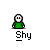 Pixel art character in green shirt with white face, brown hair, and 'Shy' text below, showing multiple poses including side views and heart symbols.