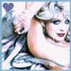 Animated sequence of a woman with platinum hair in a white dress, showing subtle facial expression changes and heart icon shifts.