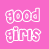 Pixel art collage of a female character in multiple outfits with text reading 'good girls are that never get caught' on pink and black backgrounds