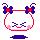 Pixelated doll avatar with white face, red outline, purple bows, and pink cheeks in six expressions showing closed eyes, smiling, and blushing.