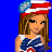 Pixelated cartoon character with brown hair wearing a red-white-blue striped hat and matching top, standing against blue background.