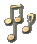 Animated sequence of musical notes fading into scattered particles against a gray background.