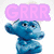 Four blue Smurf characters in a with pink text overlays, each displaying distinct poses and expressions