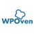 Blue pixelated logo with stylized 'WPOven' text and a heart-shaped loop above the letter O on light gray background.