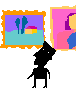 A black silhouette figure walks through a gallery of framed paintings with changing backgrounds and artwork.