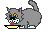 Gray pixelated cat with pink inner ears and blue paws eating from a yellow bowl on gray background.