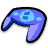 Pixelated blue and purple game controller with black outline, featuring a central circular button cluster and two side grips.