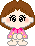 Pixel art character with brown hair and pink floral top in two expressions: open eyes showing black text-like symbols, closed eyes as horizontal lines.