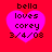 Four identical pixelated heart-shaped icons with pink hearts on red background, each displaying text 'bella loves corey 3/4/08' in black font.