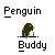 Animated pixel art contact sheet showing a penguin mascot in multiple poses with text labels above and below each frame on a gray background.