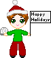Pixel art character in green sweater and red pants holding snowball and 'Happy Holidays' sign, wearing Santa hat with white pom-pom.