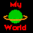 Pixel art icon featuring a green planet with orange rings and red text reading "My World" on black background.