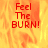Red pixelated text 'Feel The BURN!' appears over a fiery orange-yellow background with visible flame-like patterns.