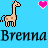 Pixel art of animal and heart icons on blue background with repeated text 'Brenna' in black serif font