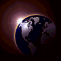 Earth globes with a glowing ring and a shooting star moving across the frame