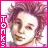 Pixelated portrait of a person with brown hair and green eyes, framed by pink border with vertical text.