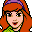 Pixelated cartoon character with orange hair, purple headband, green top, and pink skin against gray background.