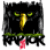 Pixelated black bird head with green eyes and yellow beak, framed by dark gray border with green horizontal stripe below.