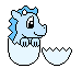 Pixelated blue dragon hatching from cracked egg, eyes shifting through multiple expressions