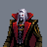Pixel art depiction of a character with long white hair, red eyes, and a dark cape with red accents against a gray background.