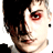 Two side-by-side frames of a pixelated animated icon showing a person with dark hair and red eyes in profile view, left frame facing forward-right, right frame turned slightly left.